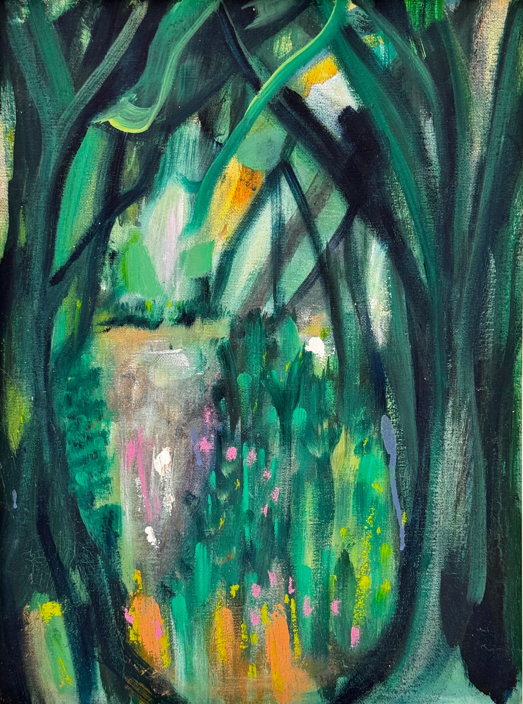 Abstract painting with green and black brush strokes