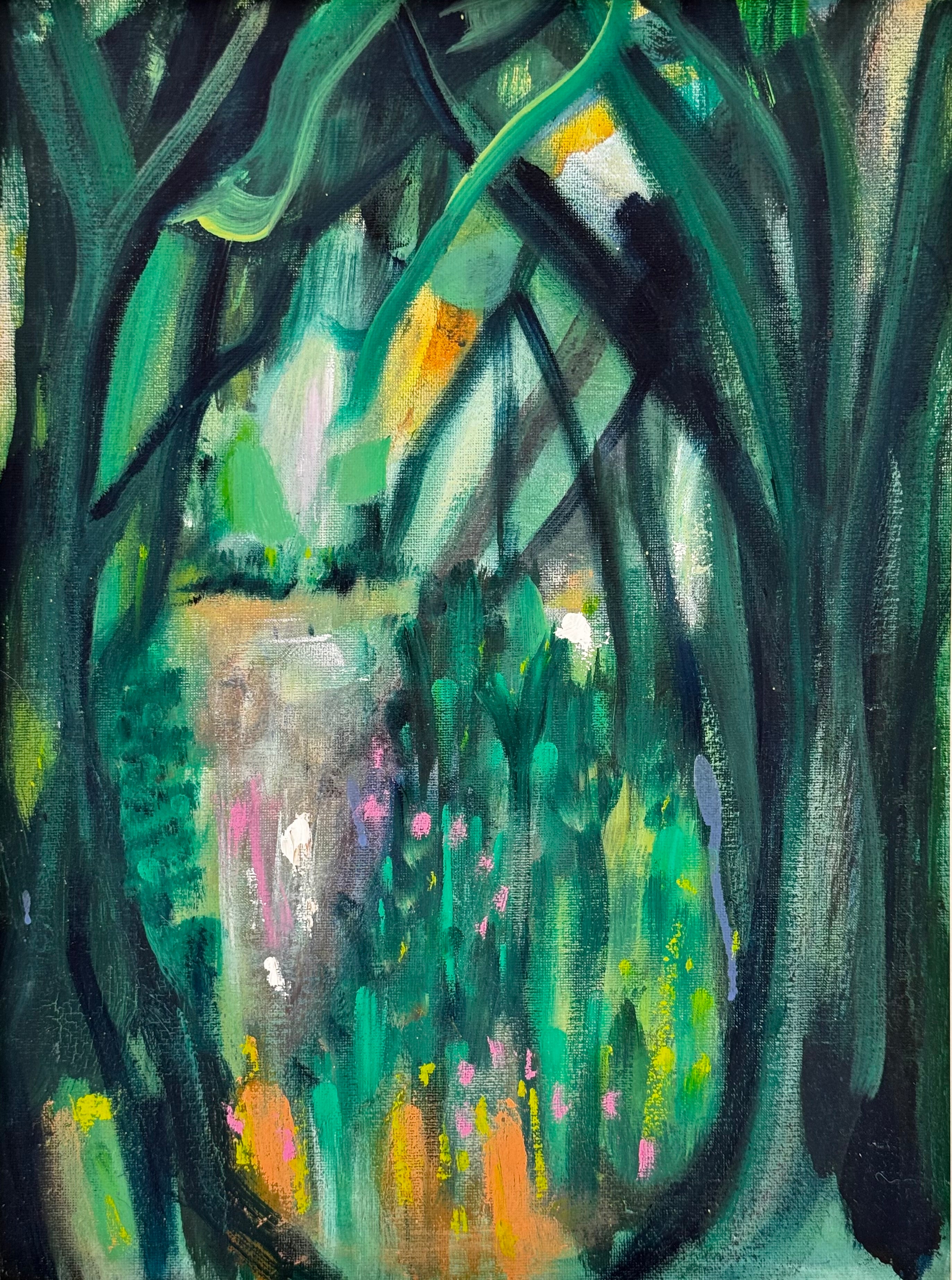 Abstract painting with green and black brush strokes