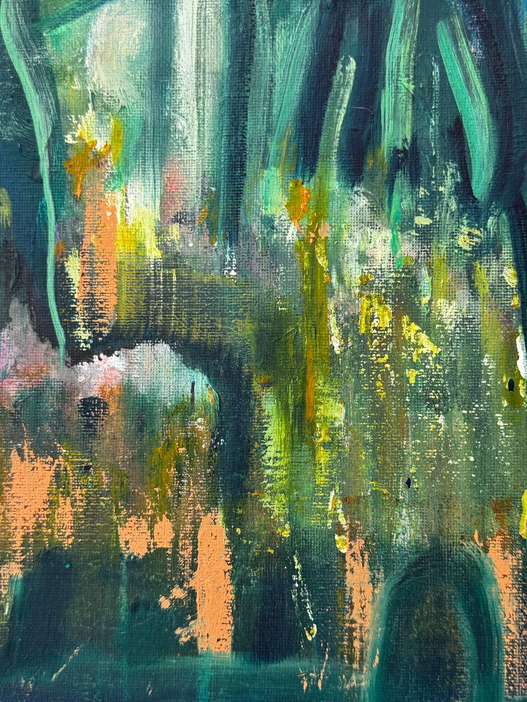 Abstract painting with a mix of green, blue, and brown colors.