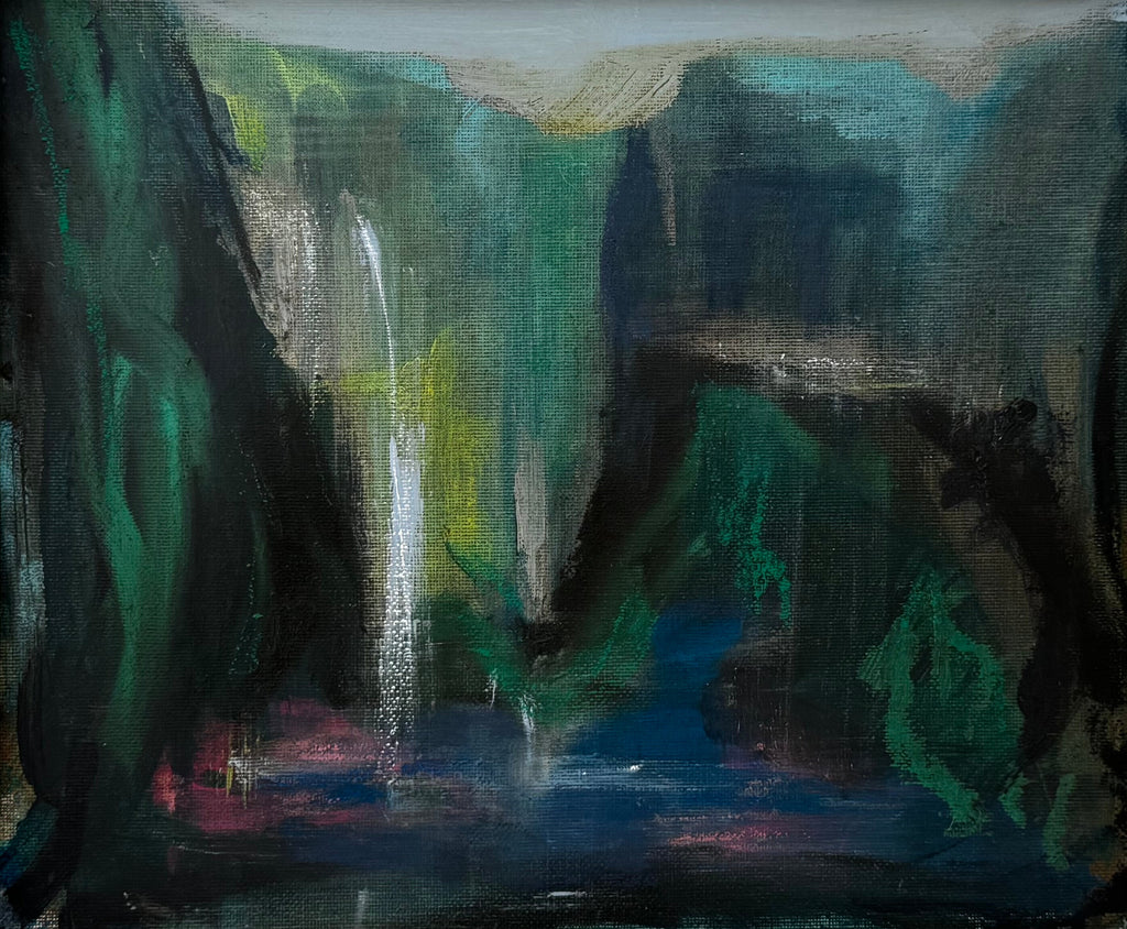 Painting of a waterfall surrounded by greenery
