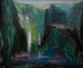 Painting of a waterfall surrounded by greenery