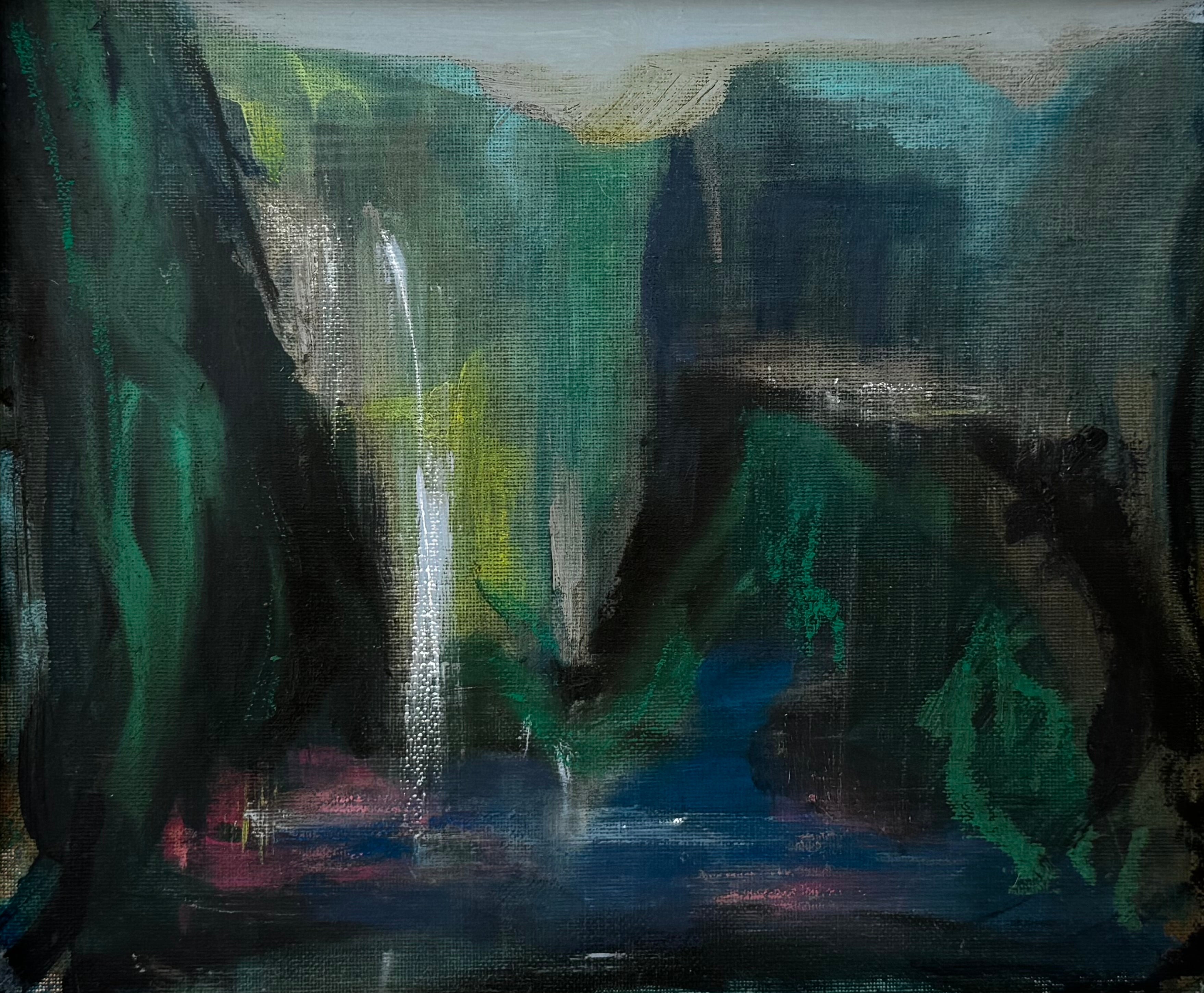 Painting of a waterfall surrounded by greenery