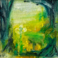 Semi-Abstract art with green and yellow hues on a textured surface