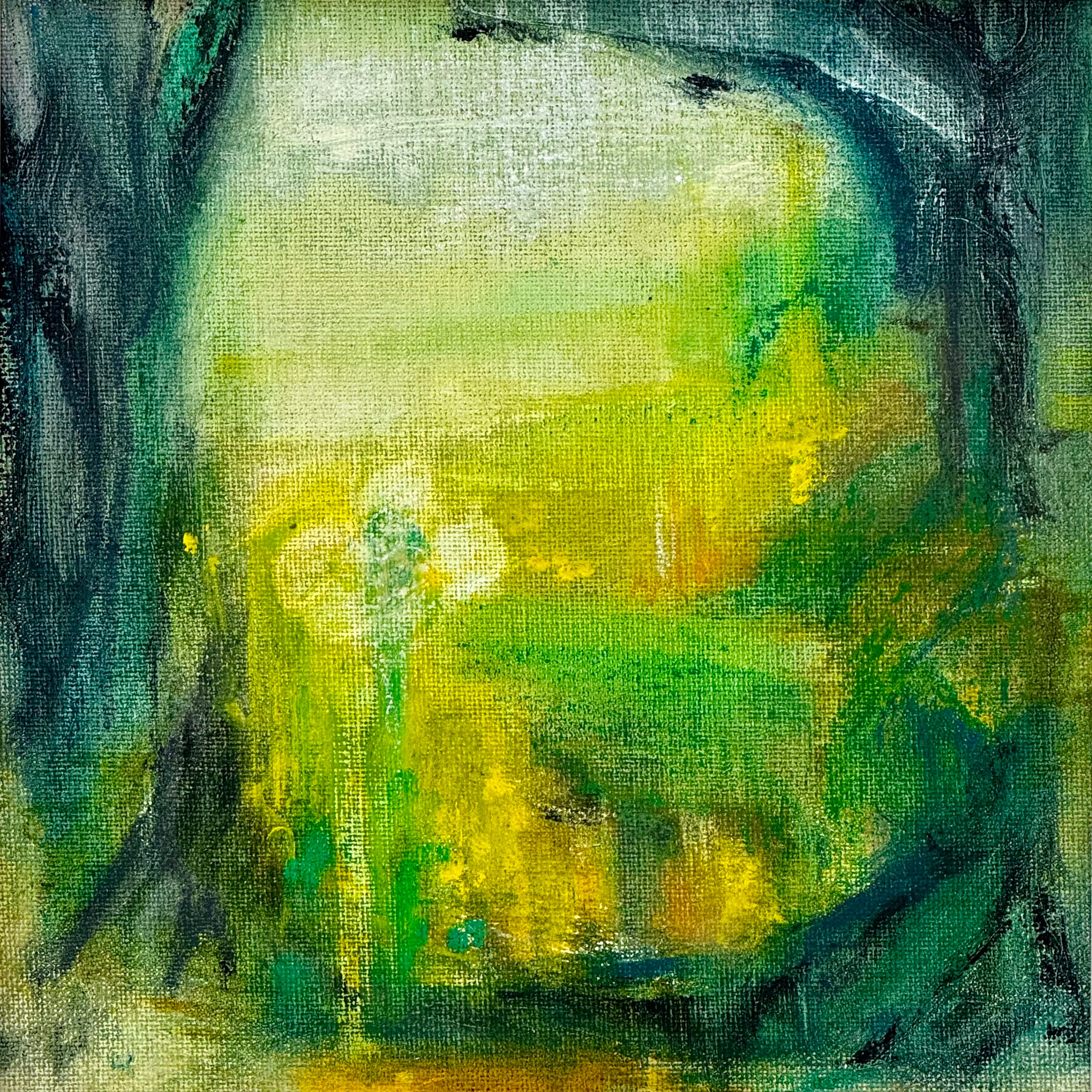 Semi-Abstract art with green and yellow hues on a textured surface
