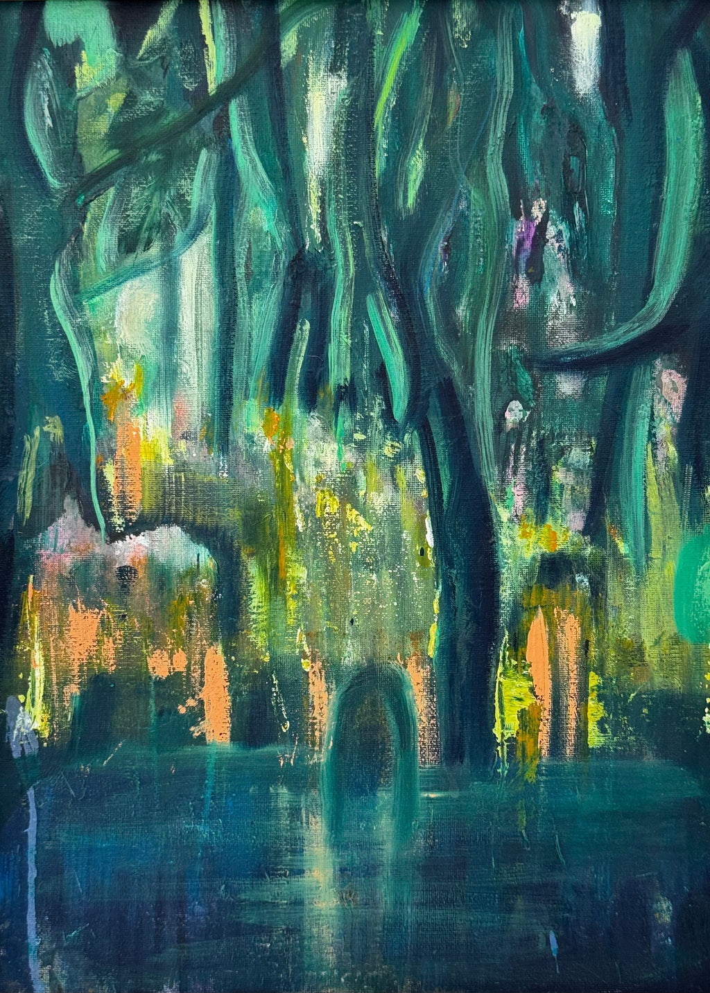 Abstract painting with wavy lines and colorful elements