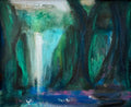 Framed painting of a mystical forest scene with trees and light beams