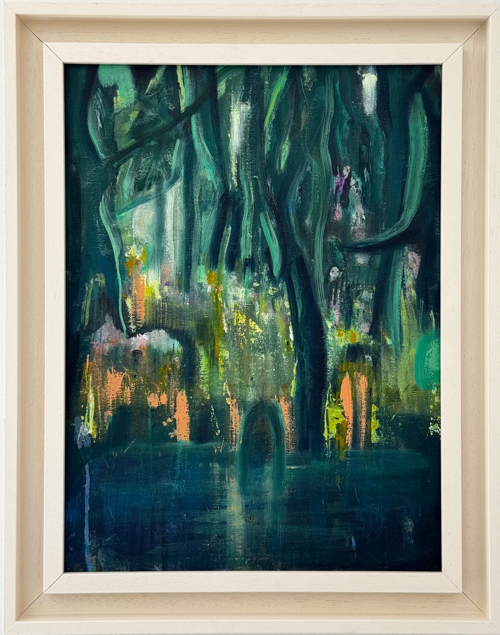 Framed painting of a forest scene with dark green and blue tones.