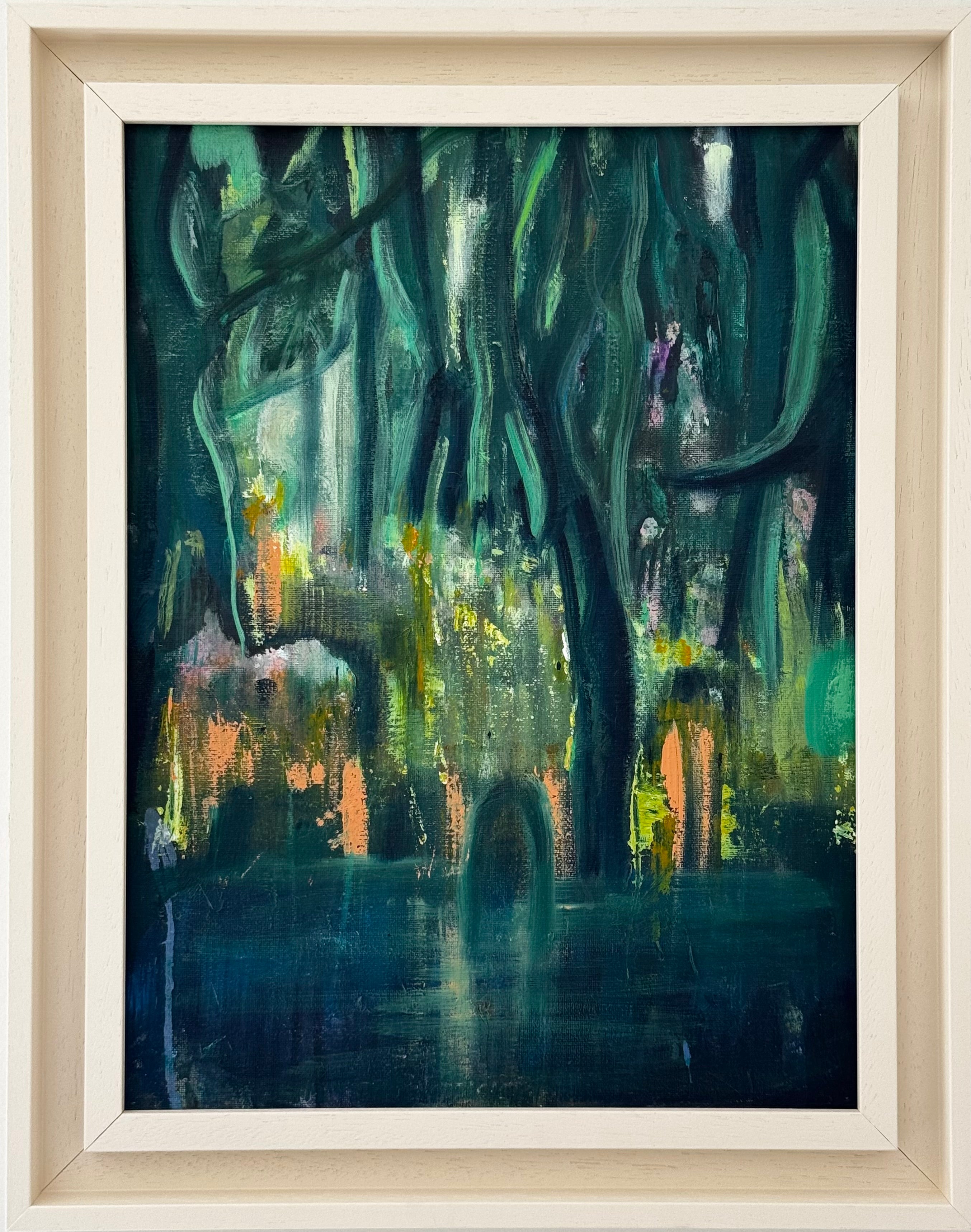 Framed painting of a forest scene with dark green and blue tones.