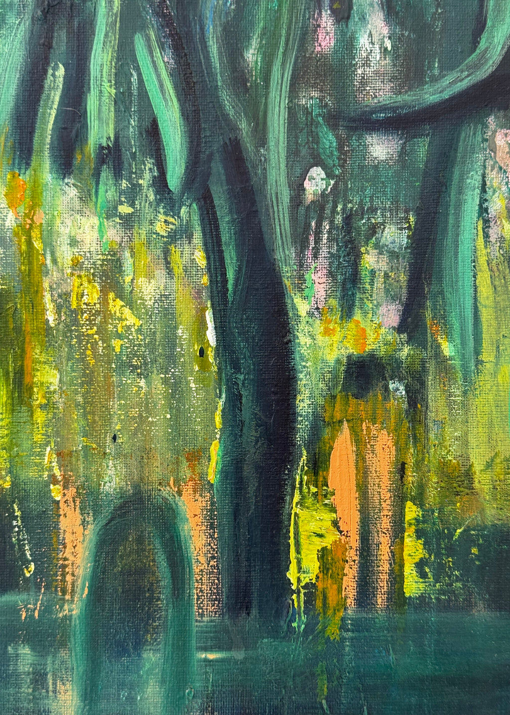 Abstract painting with green, yellow, and black colors