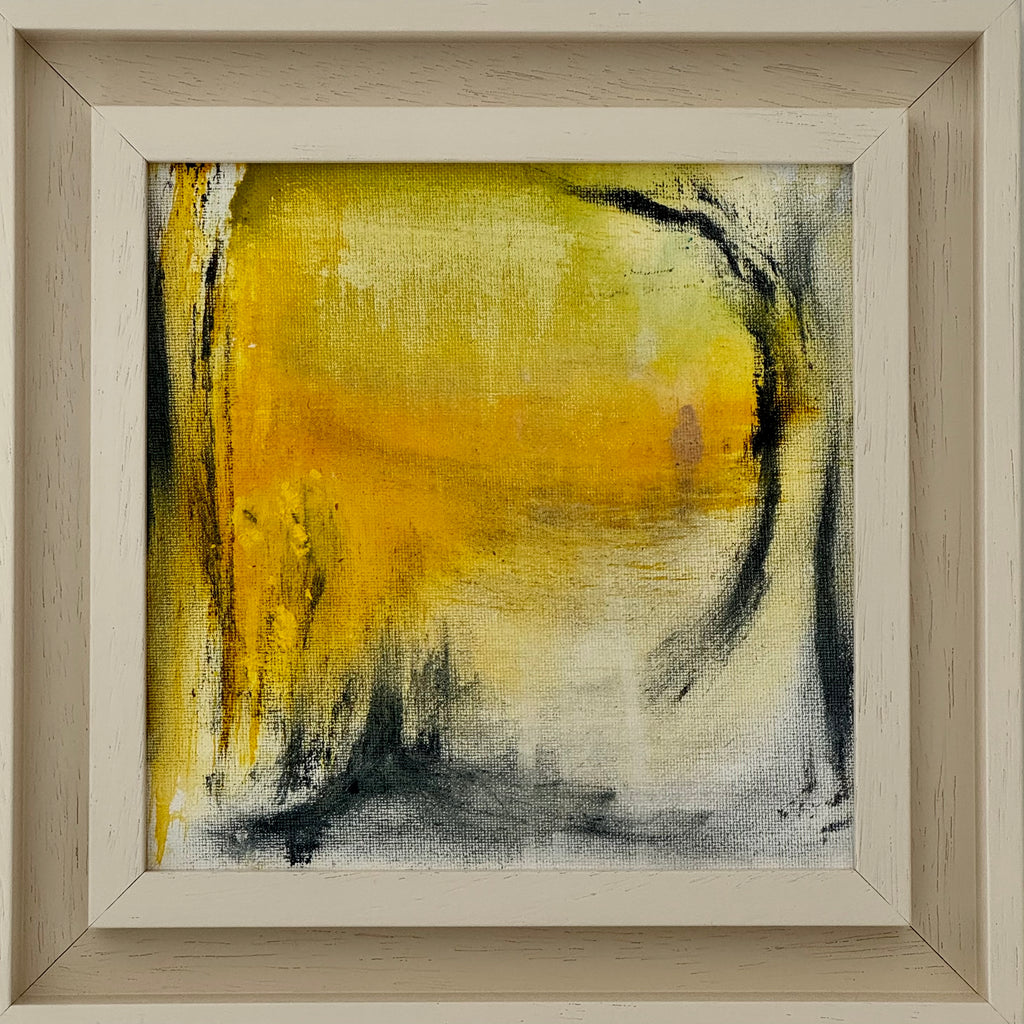 Abstract painting with yellow, black, and white colors in a beige frame.