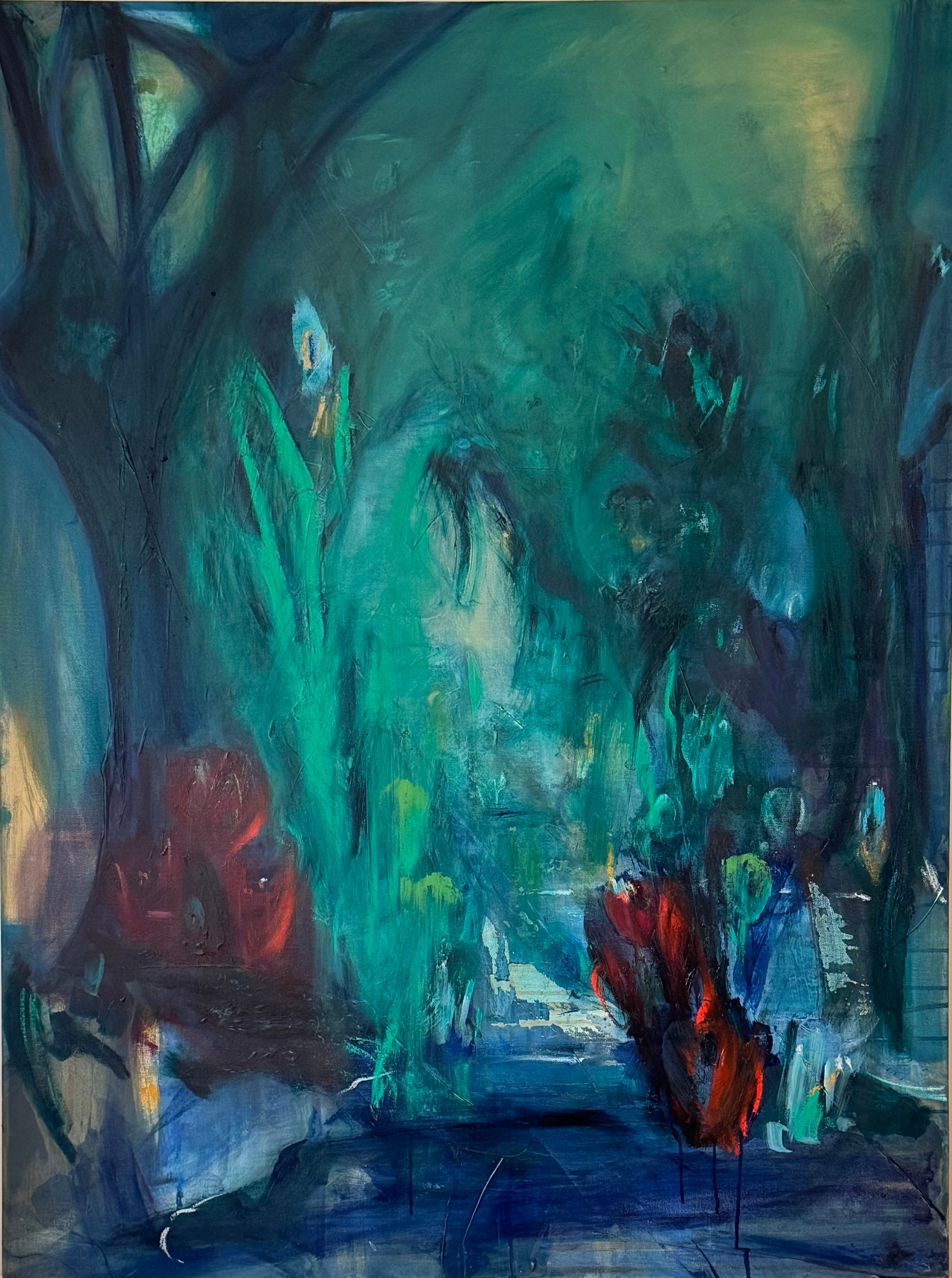 Abstract painting with green, blue, and red colors