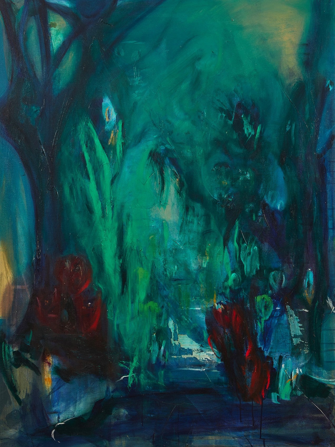 Abstract painting with vibrant green, blue, and red colors
