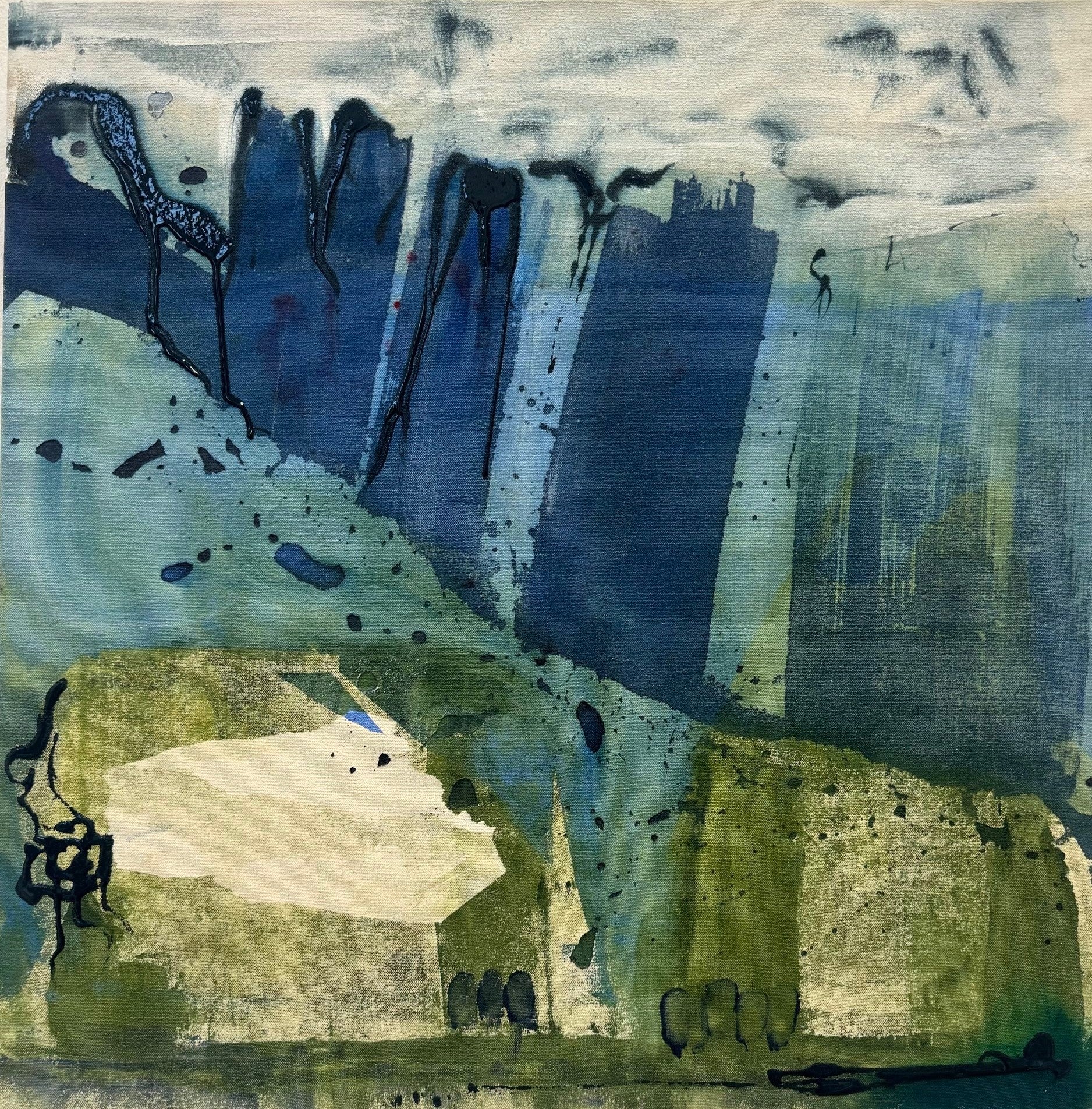 Abstract art piece with blue, green, and beige colors