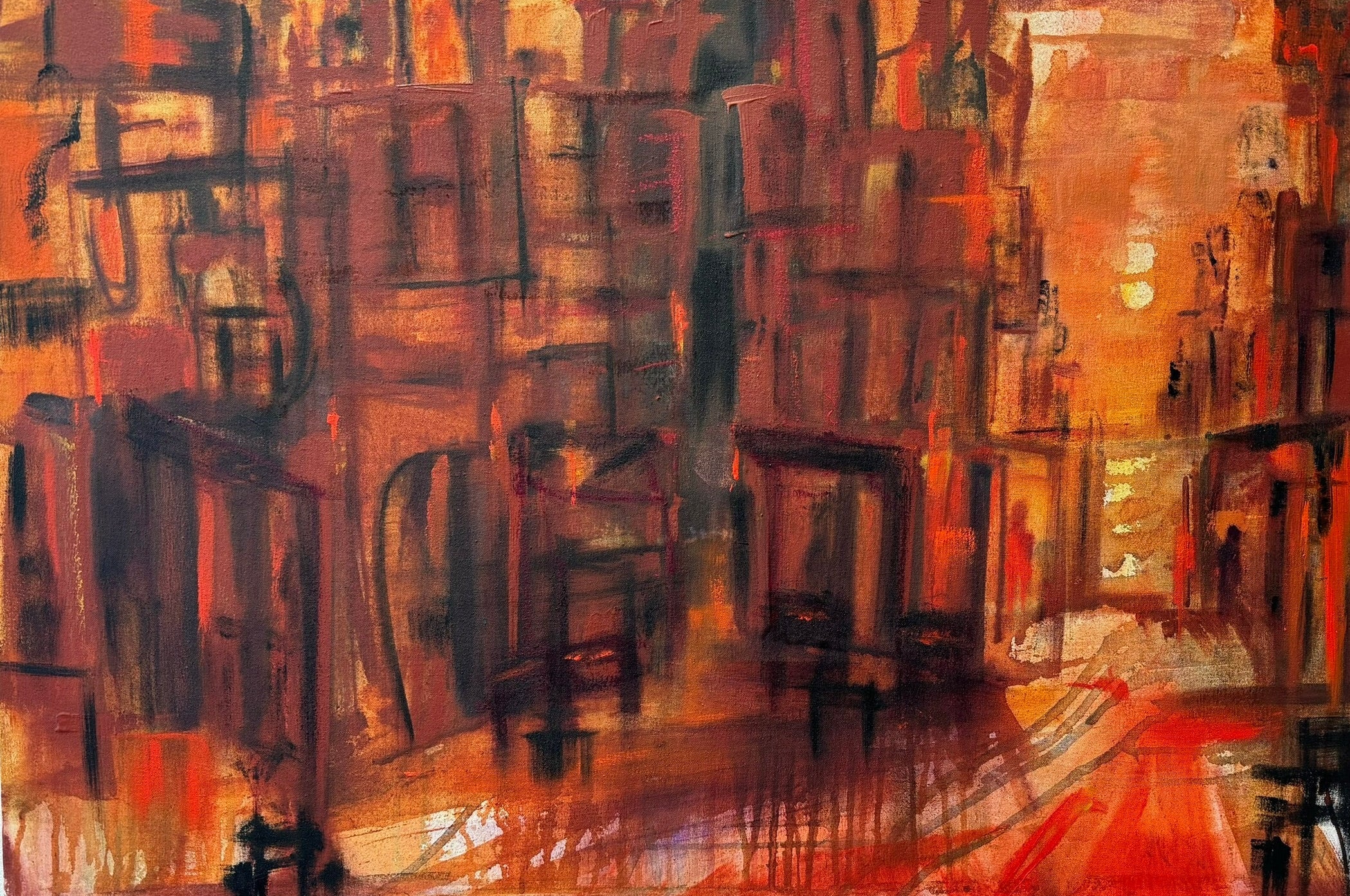 Abstract art piece with warm colors and geometric shapes