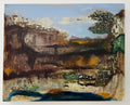 Abstract landscape painting with earthy tones and a body of water.