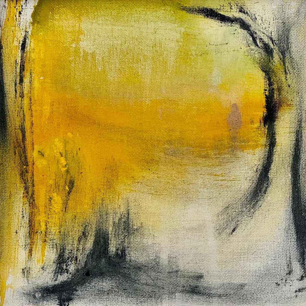 Abstract painting with yellow, black, and white on a textured surface, framed in a light wood frame.