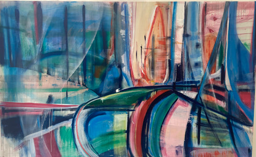 Abstract painting with swirling colors and shapes